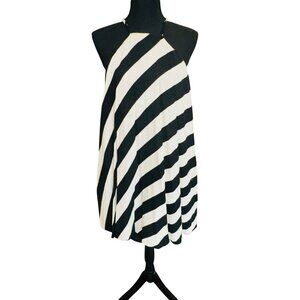 GB Black White Striped Halter Dress Built in Short Asymmetrical Hem Deep V Back